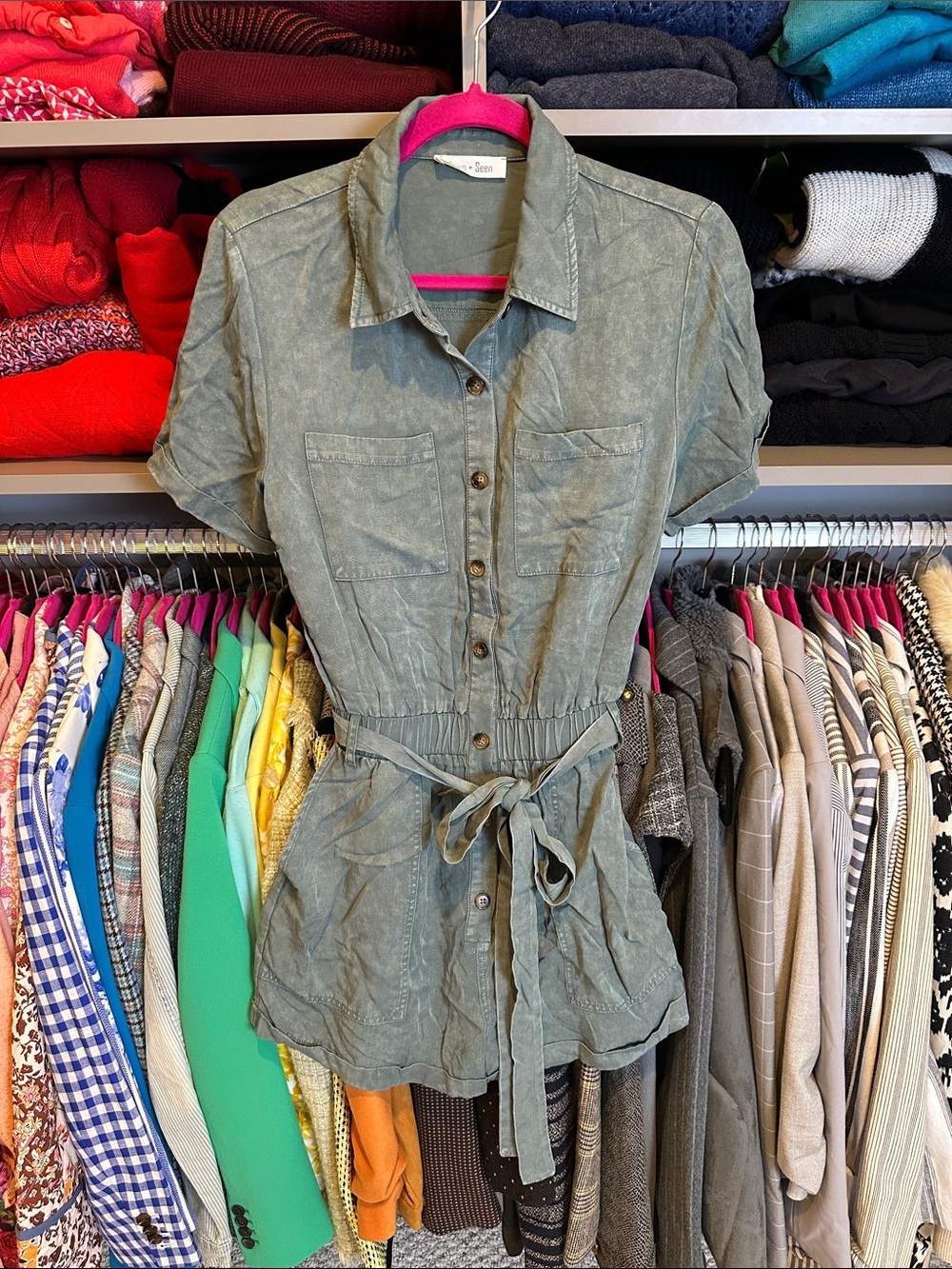 Sewn + Seen dark sage short sleeve 4 pocket belted romper size S